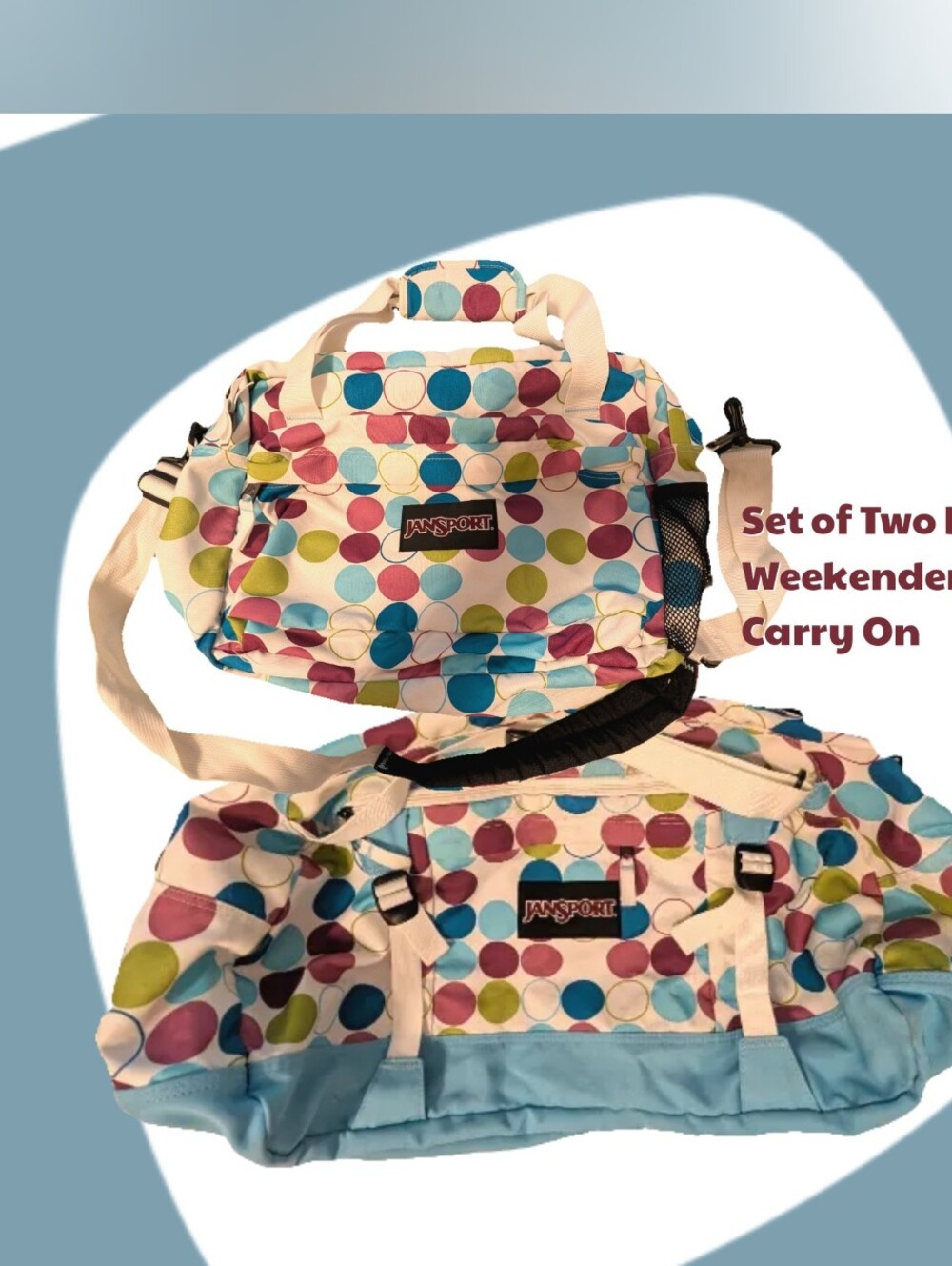 Set Of Two Matching Jansport Polka Dot Bags, Weekender Duffle and Carry On